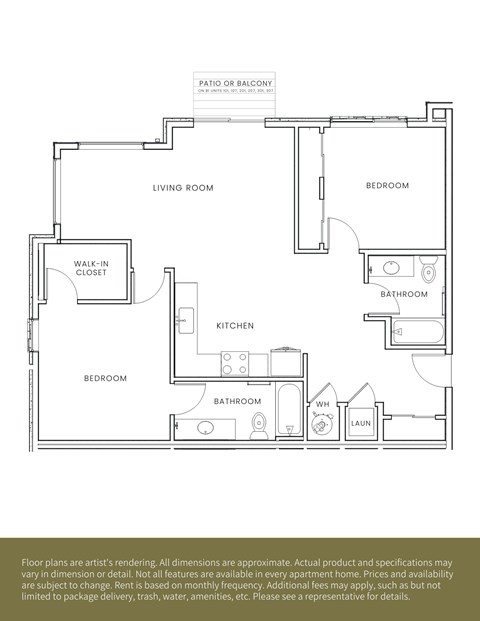 Floor plan for 2 beds, 2 baths, 1073 sqft